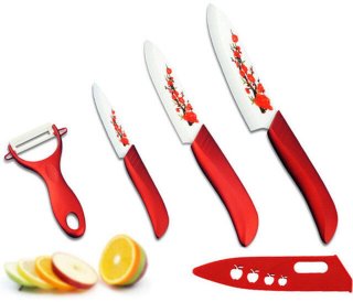 De Keuken Fruitmes Set Rode Bloem Keramisch Mes 3 Inch 5 Inch 6 Inch + Dunschiller + Messendoos in één oogopslag