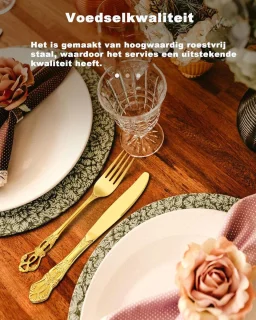 Retro Goud Flatwre Set voor 6 personen, Prachtig 24-delig roestvrijstalen servies, Service voor 6 personen, Bestekset Vork Lepel Mes, Antieke Barokke Bestekset-Vaatwasmachinebestendig,