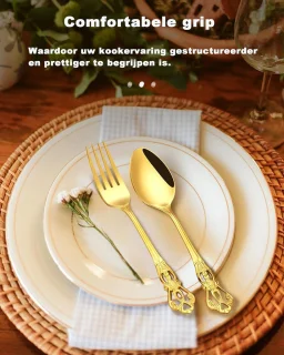 Retro Goud Flatwre Set voor 6 personen, Prachtig 24-delig roestvrijstalen servies, Service voor 6 personen, Bestekset Vork Lepel Mes, Antieke Barokke Bestekset-Vaatwasmachinebestendig,