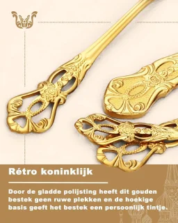 Retro Goud Flatwre Set voor 6 personen, Prachtig 24-delig roestvrijstalen servies, Service voor 6 personen, Bestekset Vork Lepel Mes, Antieke Barokke Bestekset-Vaatwasmachinebestendig,