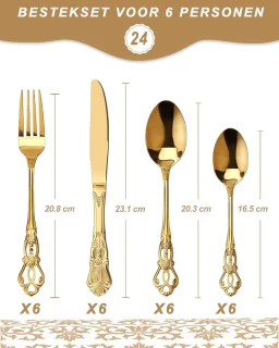 Retro Goud Flatwre Set voor 6 personen, Prachtig 24-delig roestvrijstalen servies, Service voor 6 personen, Bestekset Vork Lepel Mes, Antieke Barokke Bestekset-Vaatwasmachinebestendig,