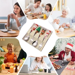 Kerstserviesset - Kerst roestvrijstalen lepel en vork - Set van 4 - Feestelijk servies in westerse stijl - Zilver - Kinderservies - Kerstdessertlepel en vork - Perfect voor de kerstsfeer