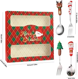 Kerstserviesset - Kerst roestvrijstalen lepel en vork - Set van 4 - Feestelijk servies in westerse stijl - Zilver - Kinderservies - Kerstdessertlepel en vork - Perfect voor de kerstsfeer
