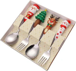 Kerstserviesset - Kerst roestvrijstalen lepel en vork - Set van 4 - Feestelijk servies in westerse stijl - Zilver - Kinderservies - Kerstdessertlepel en vork - Perfect voor de kerstsfeer
