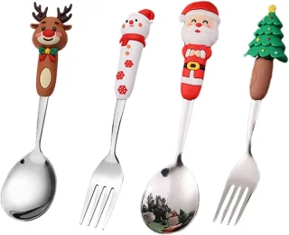 Kerstserviesset - Kerst roestvrijstalen lepel en vork - Set van 4 - Feestelijk servies in westerse stijl - Zilver - Kinderservies - Kerstdessertlepel en vork - Perfect voor de kerstsfeer