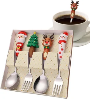 Kerstserviesset - Kerst roestvrijstalen lepel en vork - Set van 4 - Feestelijk servies in westerse stijl - Zilver - Kinderservies - Kerstdessertlepel en vork - Perfect voor de kerstsfeer
