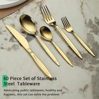 Besteksets - Bestekset 12 Persoons - 60-Delig Bestekken - Titanium Verguld - Roestvrij Staal Bestek Set - Perfect Geschikt voor Bruiloft - Partijen - Verjaardag - Restauroom - Vaatwasmachinebestendig Bestekken - Goud