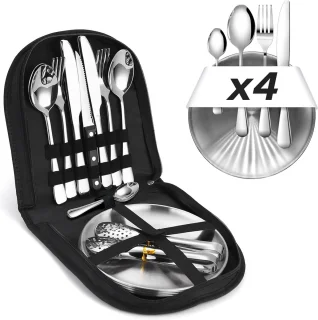 [23-delig voor 4 personen] Camping bestekset. Roestvrij stalen vorken, messen en lepels. Inclusief draagbare bestektas - draagbaar servies ideaal voor outdoor, grillen en wandelen.