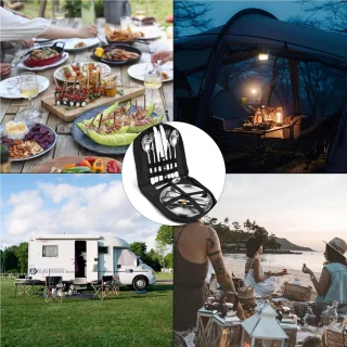 [23-delig voor 4 personen] Camping bestekset. Roestvrij stalen vorken, messen en lepels. Inclusief draagbare bestektas - draagbaar servies ideaal voor outdoor, grillen en wandelen.