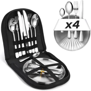 [23-delig voor 4 personen] Camping bestekset. Roestvrij stalen vorken, messen en lepels. Inclusief draagbare bestektas - draagbaar servies ideaal voor outdoor, grillen en wandelen.