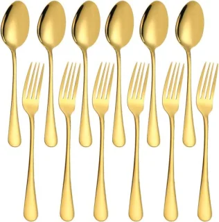 Set van 12 stuks, vergulde roestvrijstalen dinervorken en lepels,Heavy-Duty vorken (8 inch) en lepels (7 inch) bestekset - goud