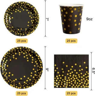 Zwart gouden feest artikelen 175 stuks eenmalige zwarte kartonnen servietten beker, gouden plastic vorkmes lepel geschikt voor afstuderen, verjaardagen, cocktailfeesten, 25 personen