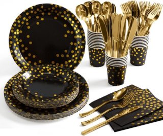 Zwart gouden feest artikelen 175 stuks eenmalige zwarte kartonnen servietten beker, gouden plastic vorkmes lepel geschikt voor afstuderen, verjaardagen, cocktailfeesten, 25 personen review