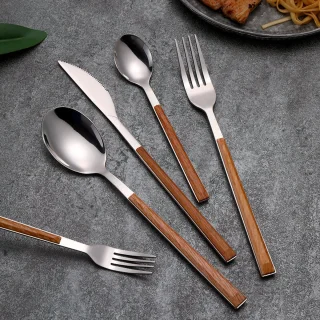 Imitatie houten handvat 430 RVS bestek lepel set western steak bestek dessertlepel bestek, 5-delig