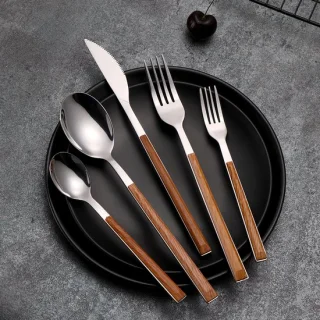 Imitatie houten handvat 430 RVS bestek lepel set western steak bestek dessertlepel bestek, 5-delig