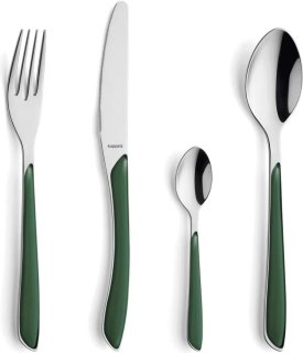 De bestekset voor 6 personen, gepolijst roestvrij staal, 24-delig, hoogwaardige kunststof handgrepen in dennengroen, roestvrij staal, eetbestek voor 6 personen, vaatwasmachinebestendig in één oogopslag