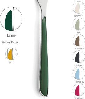 Wat vinden we goed aan de bestekset voor 6 personen, gepolijst roestvrij staal, 24-delig, hoogwaardige kunststof handgrepen in dennengroen, roestvrij staal, eetbestek voor 6 personen, vaatwasmachinebestendig