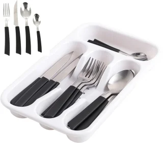 Lomera Bestekset Met Bestekbak - Budgetbestekset - Perfect Voor Camping - 24-Delig Bestekset - 6 Persoons Bestek - Plastic Bestekbak - Messen, Vorken, Lepels - Kampeer Bestek - Tafelbestek - Besteklade Organizer - Keuken Bestekset