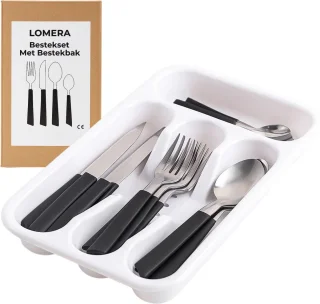 Lomera Bestekset Met Bestekbak - Budgetbestekset - Perfect Voor Camping - 24-Delig Bestekset - 6 Persoons Bestek - Plastic Bestekbak - Messen, Vorken, Lepels - Kampeer Bestek - Tafelbestek - Besteklade Organizer - Keuken Bestekset