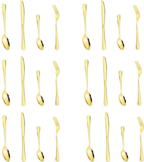 24 Pieces Gold Cutlery Set, Matte Gold Stainless Steel, Cutlery Set for 6 People, Cutlery Mirror Polished, Knives, Fork, Spoon Set, Dishwasher Safe and Rustproof