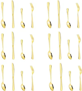 24 Pieces Gold Cutlery Set, Matte Gold Stainless Steel, Cutlery Set for 6 People, Cutlery Mirror Polished, Knives, Fork, Spoon Set, Dishwasher Safe and Rustproof