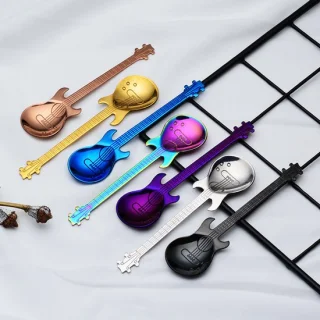 304 roestvrij staal gitaar lepel dessertlepel koffielepel muzieknoten lepel, zilver + goud + paars