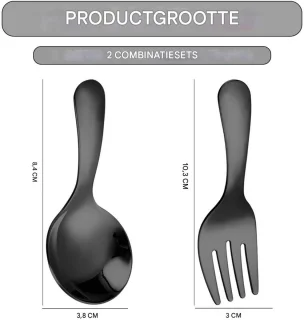 QTTVBTNA 4-delige herbruikbare bestekset - korte steel lepels en vorken - roestvrij staal - dessert, yoghurt, pasta, salade - geschikt voor kinderen en volwassenen - Zwart
