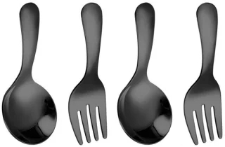 QTTVBTNA 4-delige herbruikbare bestekset - korte steel lepels en vorken - roestvrij staal - dessert, yoghurt, pasta, salade - geschikt voor kinderen en volwassenen - Zwart