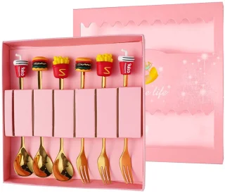 ZoeZo Design - gift set - 6 stuks - 3 gebaksvorkjes - 3 theelepeltjes - fastfood - hamburger - franse frietjes - goud