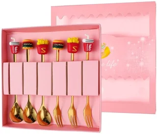 ZoeZo Design - gift set - 6 stuks - 3 gebaksvorkjes - 3 theelepeltjes - fastfood - hamburger - franse frietjes - goud