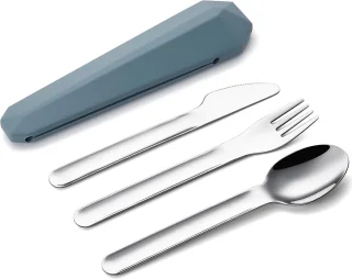 3-in-1 reisbestek met etui - Herbruikbaar kampeerbestek - Draagbare vork-, lepel- en messenset - Gemaakt van roestvrij staal - Geschikt voor lunches, picknicks, school en op het werk (Polar Night Blue - 16x3,4cm)