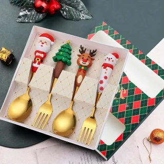 Lepel en vork - Lepel - Vork - Gebaksvork - Roestvrij staal - Kerststijl lepel en vork - Perfect voor het kerstdiner - Perfect voor dagelijks gebruik of als kerstcadeau -goud 4-delige bestekset
