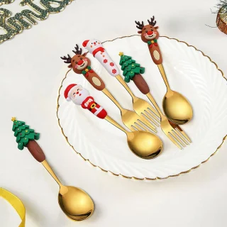Lepel en vork - Lepel - Vork - Gebaksvork - Roestvrij staal - Kerststijl lepel en vork - Perfect voor het kerstdiner - Perfect voor dagelijks gebruik of als kerstcadeau -goud 4-delige bestekset