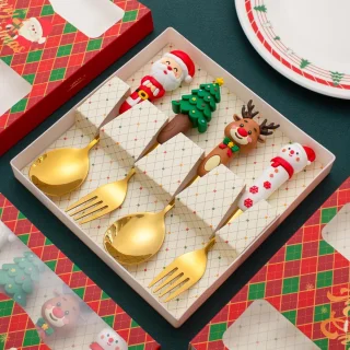 Lepel en vork - Lepel - Vork - Gebaksvork - Roestvrij staal - Kerststijl lepel en vork - Perfect voor het kerstdiner - Perfect voor dagelijks gebruik of als kerstcadeau -goud 4-delige bestekset