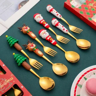 Lepel en vork - Lepel - Vork - Gebaksvork - Roestvrij staal - Kerststijl lepel en vork - Perfect voor het kerstdiner - Perfect voor dagelijks gebruik of als kerstcadeau -goud 4-delige bestekset