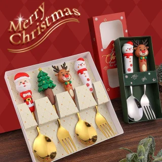 Lepel en vork - Lepel - Vork - Gebaksvork - Roestvrij staal - Kerststijl lepel en vork - Perfect voor het kerstdiner - Perfect voor dagelijks gebruik of als kerstcadeau -goud 4-delige bestekset