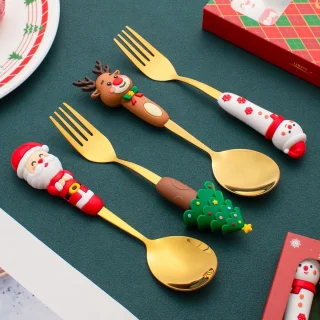 Lepel en vork - Lepel - Vork - Gebaksvork - Roestvrij staal - Kerststijl lepel en vork - Perfect voor het kerstdiner - Perfect voor dagelijks gebruik of als kerstcadeau -goud 4-delige bestekset