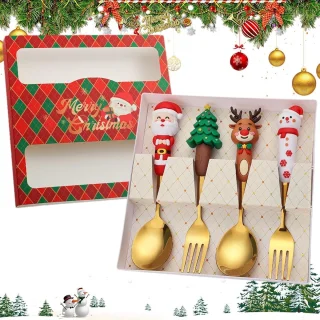 Kerstserviesset - Kerst roestvrijstalen lepel en vork - Set van 4 - Feestelijke serviesset in westerse stijl - Goud - Kinderservies - Kerstdessertlepel en vork - Perfect voor de kerstsfeer