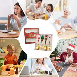 Kerstserviesset - Kerst roestvrijstalen lepel en vork - Set van 4 - Feestelijke serviesset in westerse stijl - Goud - Kinderservies - Kerstdessertlepel en vork - Perfect voor de kerstsfeer