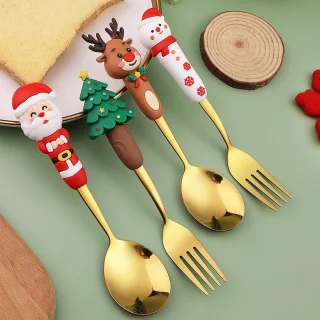 Kerstserviesset - Kerst roestvrijstalen lepel en vork - Set van 4 - Feestelijke serviesset in westerse stijl - Goud - Kinderservies - Kerstdessertlepel en vork - Perfect voor de kerstsfeer