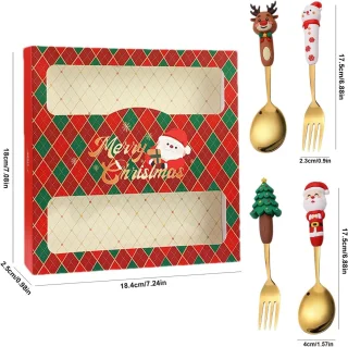Kerstserviesset - Kerst roestvrijstalen lepel en vork - Set van 4 - Feestelijke serviesset in westerse stijl - Goud - Kinderservies - Kerstdessertlepel en vork - Perfect voor de kerstsfeer