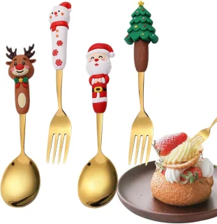 Kerstserviesset - Kerst roestvrijstalen lepel en vork - Set van 4 - Feestelijke serviesset in westerse stijl - Goud - Kinderservies - Kerstdessertlepel en vork - Perfect voor de kerstsfeer