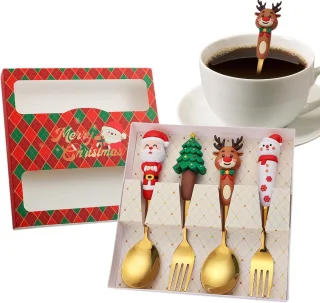 Kerstserviesset - Kerst roestvrijstalen lepel en vork - Set van 4 - Feestelijke serviesset in westerse stijl - Goud - Kinderservies - Kerstdessertlepel en vork - Perfect voor de kerstsfeer