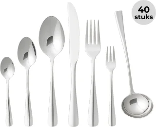 Lomera Roestvrijstalen Bestekset - 40-Delig - 6 Persoons - Diner Vork - Diner Lepel - Diner Mes - Theelepel - Dessertlepel - Cakevork - Sauslepel - Serveerlepels - Complete Bestekset - Goede Kwaliteit - Zilverkleurig - Luxe Bestekset