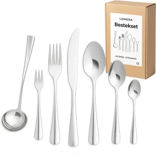 Lomera Roestvrijstalen Bestekset - 40-Delig - 6 Persoons - Diner Vork - Diner Lepel - Diner Mes - Theelepel - Dessertlepel - Cakevork - Sauslepel - Serveerlepels - Complete Bestekset - Goede Kwaliteit - Zilverkleurig - Luxe Bestekset