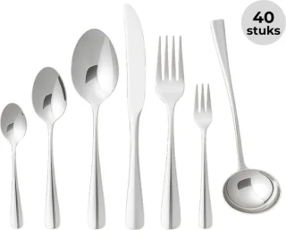 Lomera Roestvrijstalen Bestekset - 40-Delig - 6 Persoons - Diner Vork - Diner Lepel - Diner Mes - Theelepel - Dessertlepel - Cakevork - Sauslepel - Serveerlepels - Complete Bestekset - Goede Kwaliteit - Zilverkleurig - Luxe Bestekset