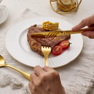 Gouden bestekset voor 4 personen, roestvrij staal zilverwerk, 20-delig bestek met schelpmotief, vork lepel messenset, vaatwasmachinebestendig