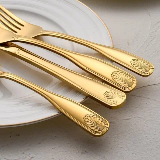 Gouden bestekset voor 4 personen, roestvrij staal zilverwerk, 20-delig bestek met schelpmotief, vork lepel messenset, vaatwasmachinebestendig