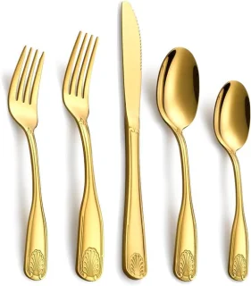 Gouden bestekset voor 4 personen, roestvrij staal zilverwerk, 20-delig bestek met schelpmotief, vork lepel messenset, vaatwasmachinebestendig
