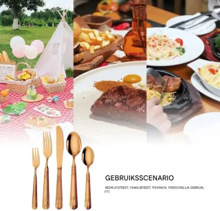 20-delig Bestekset - Bestek - Messen, Vorken, Lepels, Theevorken en Theelepels - Voor Diner en Feestelijke Gelegenheden - Roestvrij Staal - Goudkleurig